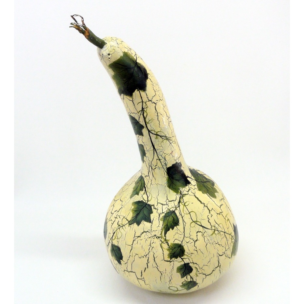 Hand Painted Dried Gourd Long Neck Crackle Finish Green Ivy Vine Decor Rattle - Picture 5 of 11